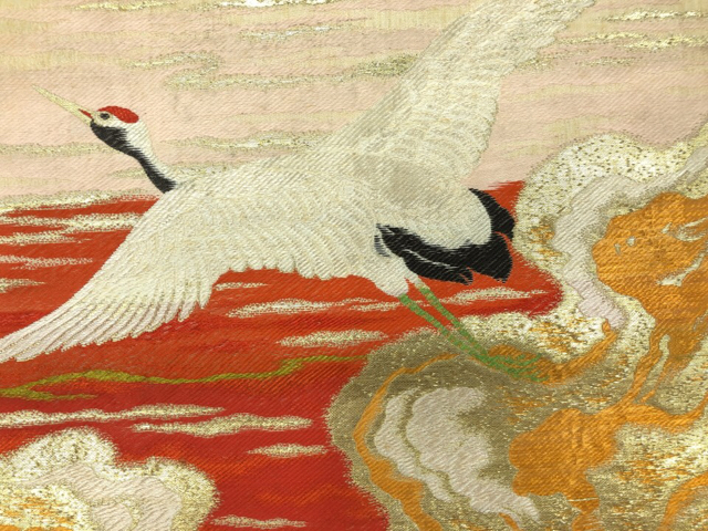 JAPANESE KIMONO / ANTIQUE NAGOYA OBI / WOVEN FLYING CRANE